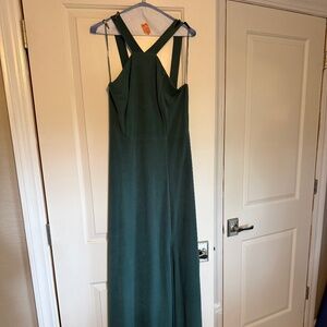 Bridesmaid floor-length green high neck sleeveless dress